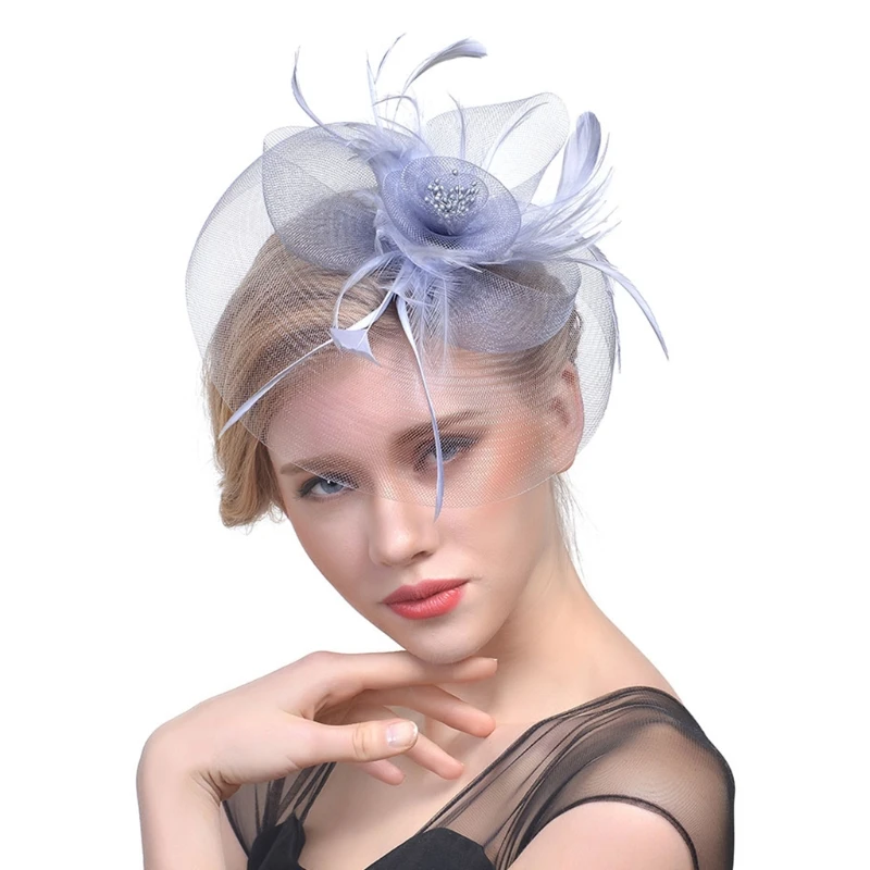 Beauty Emily Women Fascinator Bridal Mesh Flower Hair Clip Many Colors Available Feather Hat for Wedding Party