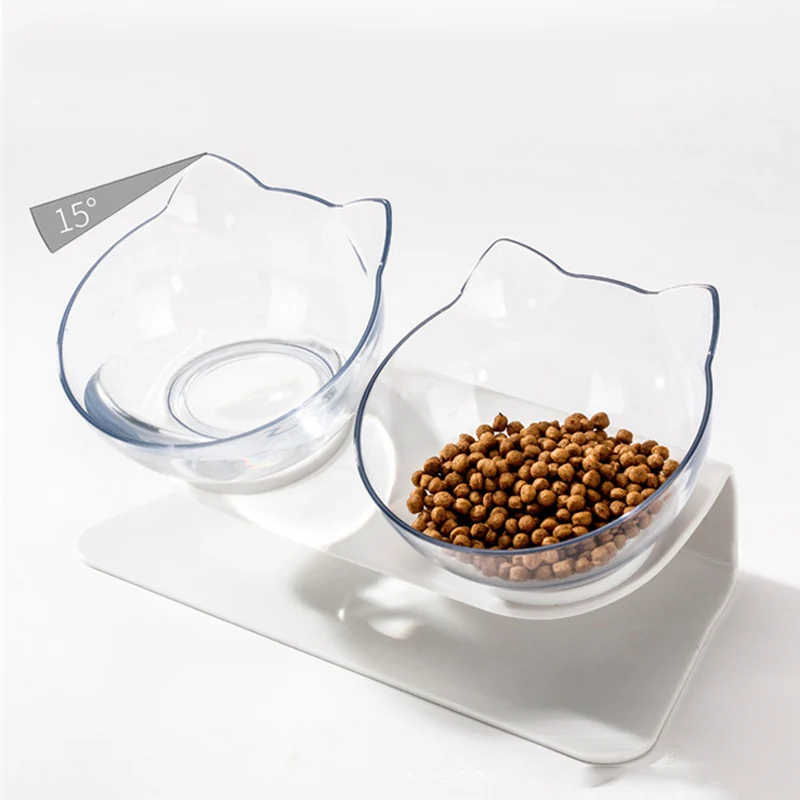 

Inclined Cat and Dog Bowl Oblique Transparent Double Bowl Plastic Rice Basin Neck Spine Pet Bowl Pet Products Pet Food Bowl