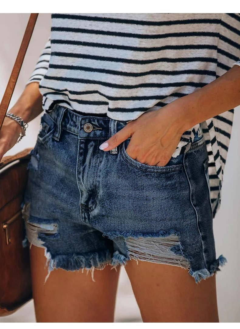 hotpants 2022 New Women Slim Tassels Hole Denim Shorts Fashion Casual Summer Blue Denim Shorts Sexy Solid Color Wash Streetwear Shorts high waisted denim shorts