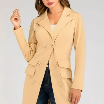 

Spring Autumn Trench Coat 2019 Turn Down Collar Casual OL Coats Women Solid Long Slim Double Breasted Coats Faux Pockets