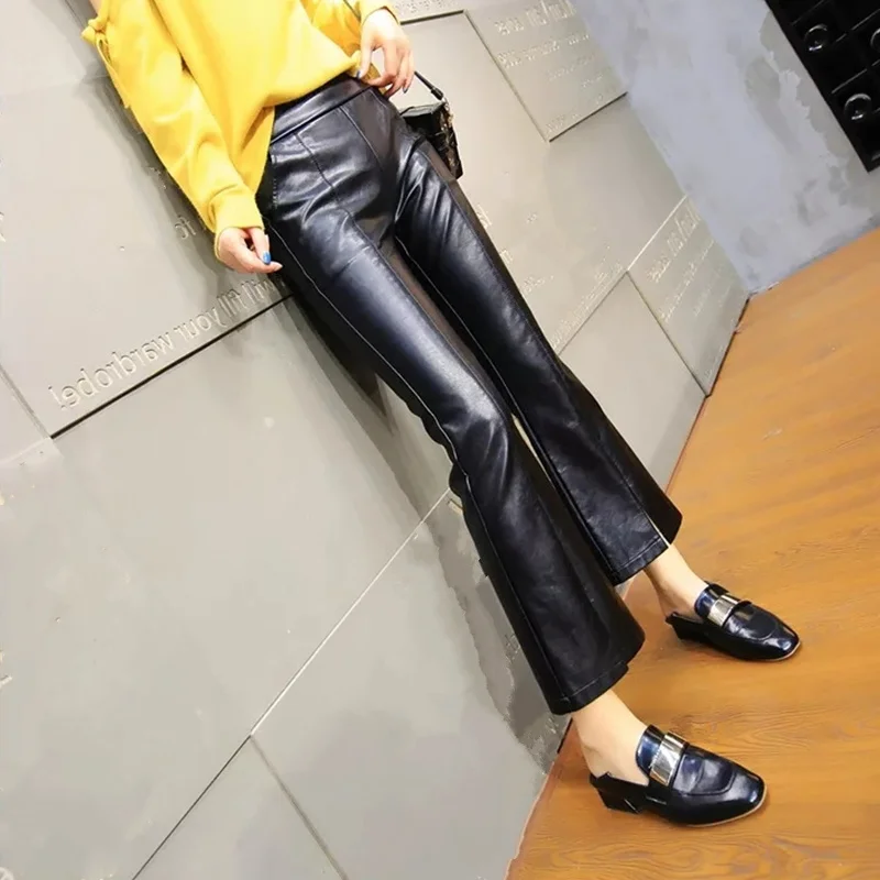 Women's Faux Leather pants black PU leather Flare pants high waist PU casual pants trousers plus size elegant PU leather pants