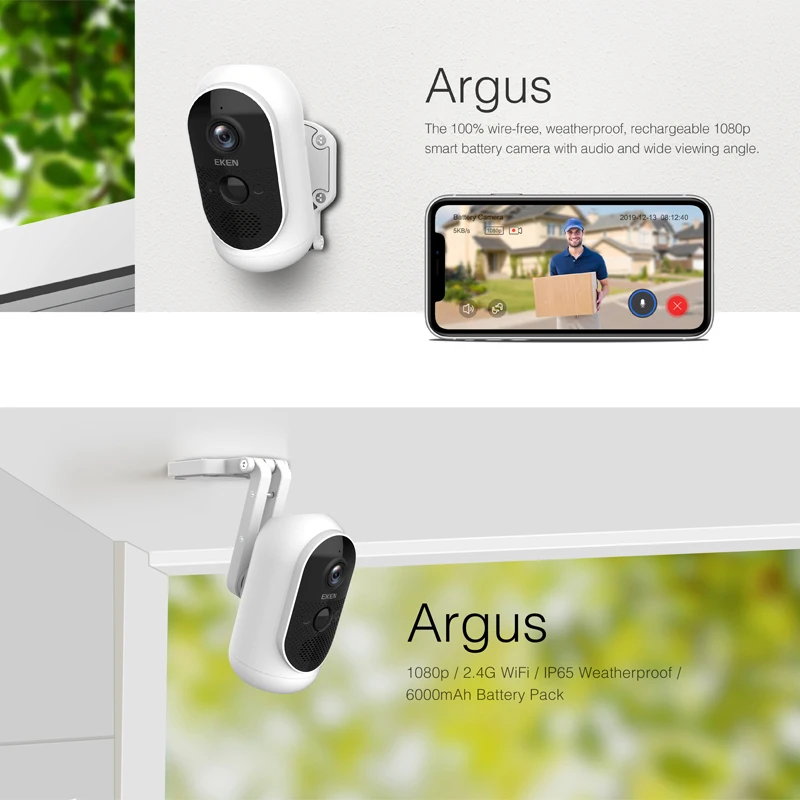 Камера видеонаблюдения EKEN Argus Wi Fi 1080P Full HD с питанием от аккумулятора широкий угол