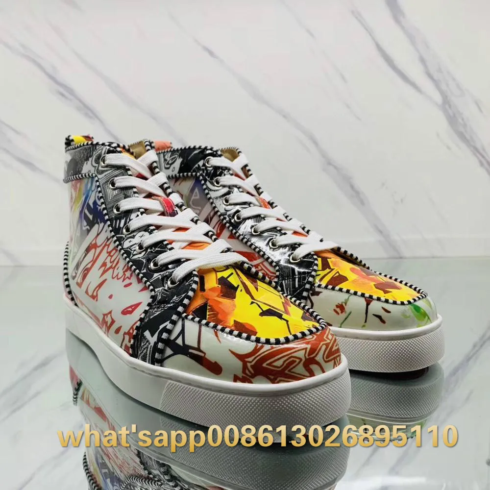 

High Top Red bottom multicolor Lace up Rivets Red bottom For man shoes waxed Sneakers silk screened leather Loafers 38-46
