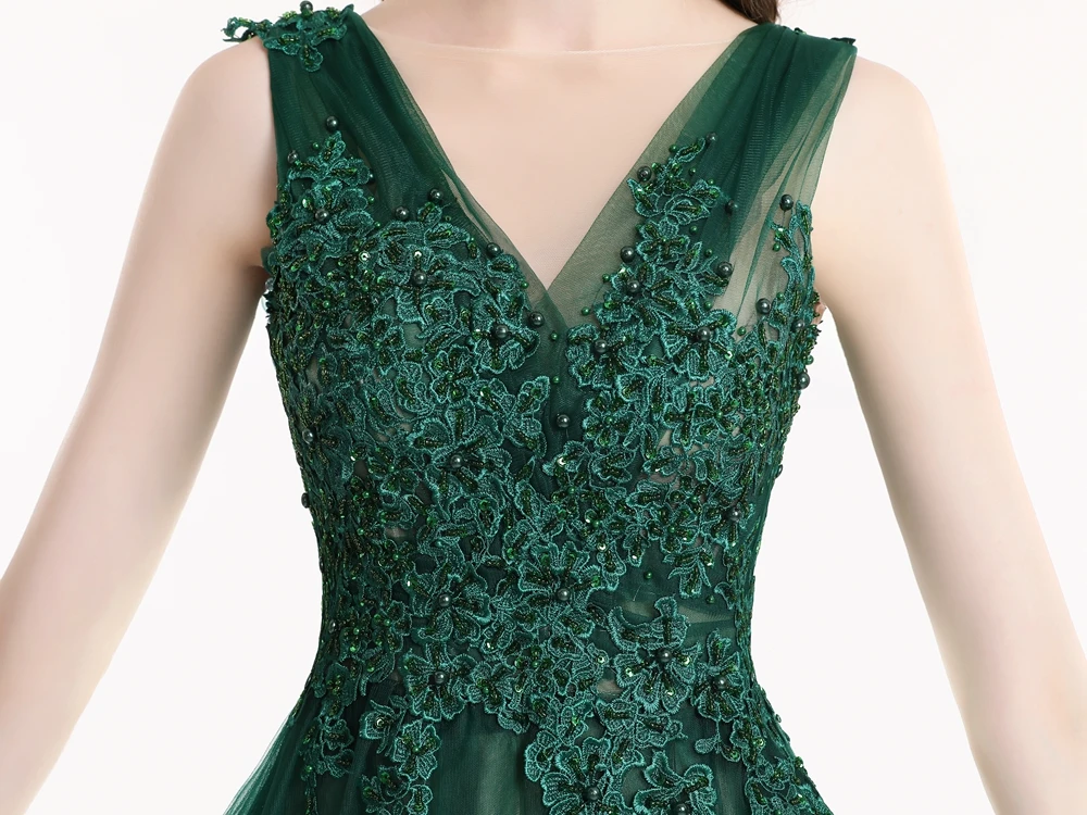 Распродажа, зеленое кружевное вечернее платье, сексуальное платье с коротким шлейфом, без рукавов, с аппликацией из бисера, с высоким разрезом, вечернее платье для выпускного вечера, Robe De Soiree
