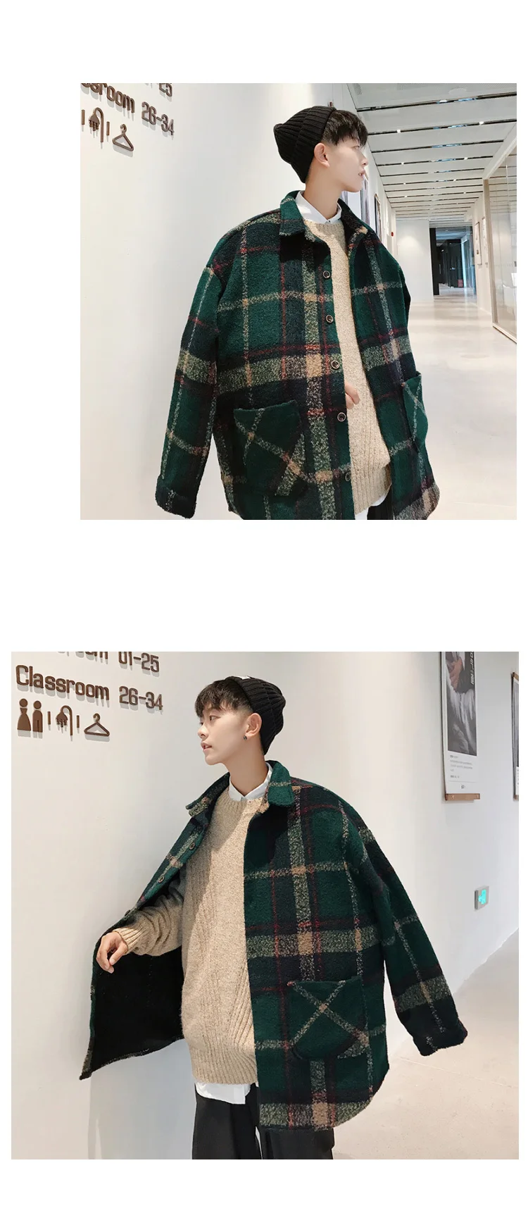 Privathinker, Мужская Корейская зимняя утепленная верхняя одежда, шерстяная куртка, мужские теплые куртки, модное клетчатое пальто, шерстяное пальто, Корейская одежда
