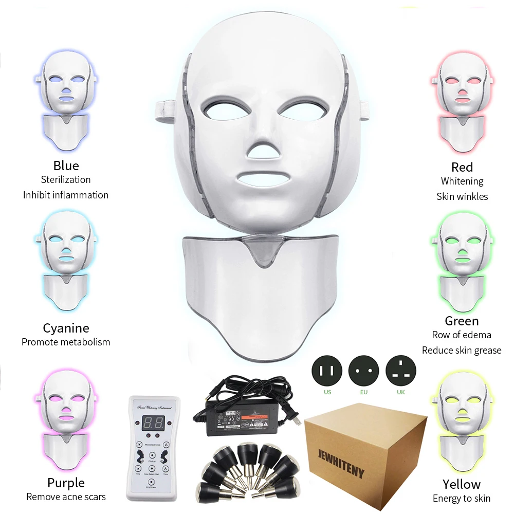 Tanie 7 kolorów Led Photon Electric LED maska na twarz z szyjką odmładzanie skóry przeciw zmarszczkom trądzik terapia fotonowa pielęgnacja skóry maseczka upiększająca