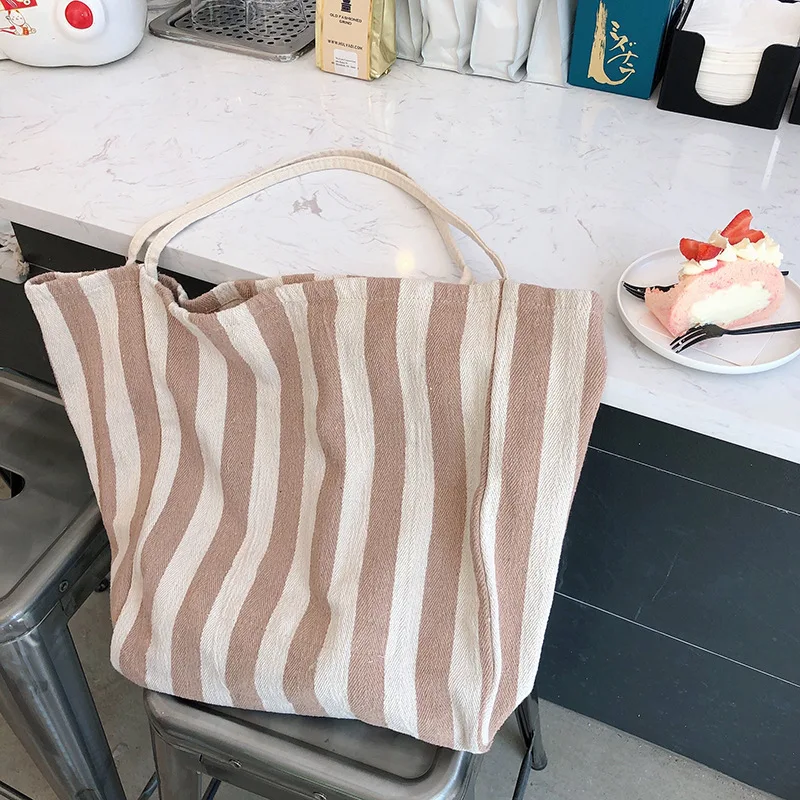 Большая вместительная простая полосатая Женская Холщовая Сумка, повседневная Эко сумка для покупок, складная Женская Студенческая сумка-тоут для девочек