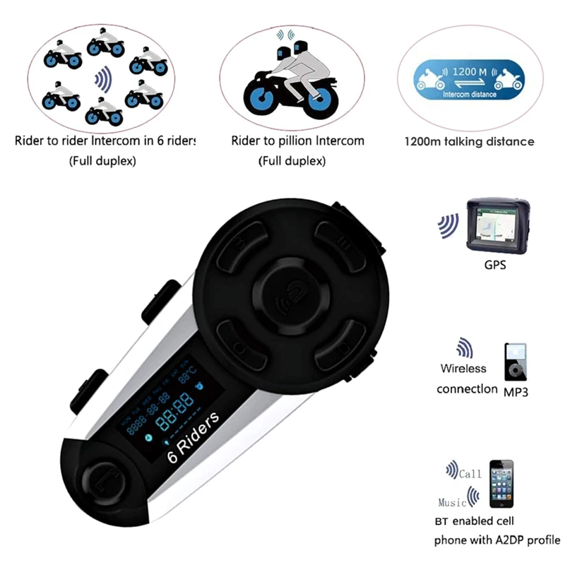 

T20S 1200M 6 Riders BT Motorcycle Helmet bluetooth Intercom Headset FM Radio MP3 GPS Full Duplex Waterproof Wireless w/ Screen M