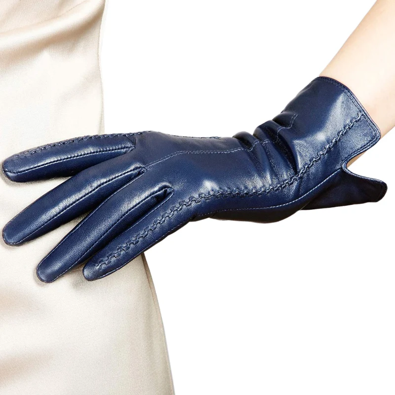 navy blue Высококачественные элегантные женские перчатки из натуральной овечьей кожи осенние и зимние теплые модные женские перчатки L085 - Цвет: navy blue