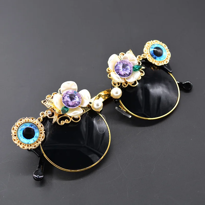 Handmade High Quality Luxury Rhinestone Sunglasses Women Flowers Party Beach Female Flower with Pearl Round Sun Glasses Shades - Цвет линз: C1