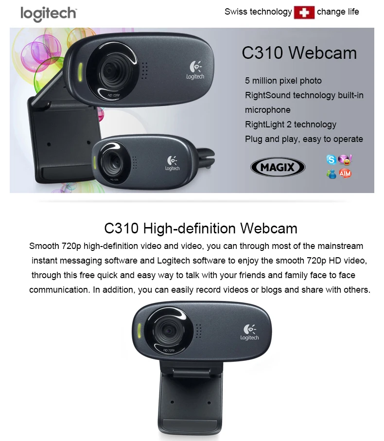 Веб камера Logitech C310 HD веб игровая Встроенный микрофон 720P с 5 Мп фотографиями