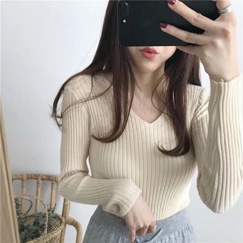 Джемпер зимний с v-образным вырезом корейские свитера женские пуловеры осень трикотажные однотонные тонкие свитера с длинными рукавами из шерсти женские