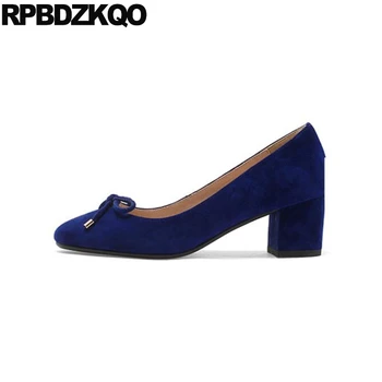 

suede bow big size square toe sheepskin shoes women 11 43 slip on blue 10 42 pumps genuine leather thick fashion wine red 33