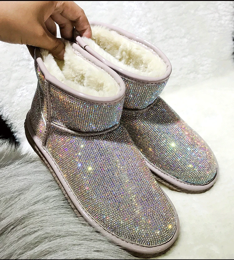 LORFRCIN Winter Boots Bling Crystals Ankle Boots Rhinestones Women Fur shoes Fashion Handmade Warm Snow Boots Woman