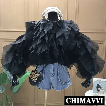 

Spring 2020 New Fashion Gauze Layer Flounced Lace-up Bow Chiffon Blouse Mesh Shirts Women Long Sleeve Loose Blouse Tops