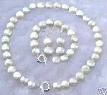

Fashion jewelry Free Shipping NEW 11-12MM White Coin Pearl Necklace Bracelet Earring Set 18" 7.5" AAAHT