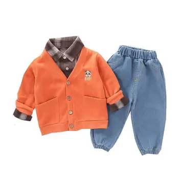 

Autumn Winter Children's Suit Kids Clothes Baby Boy Girls Cartoon Coat Plaid Shirt Solid Pants 3Pcs/sets Toddler Cotton Clothing