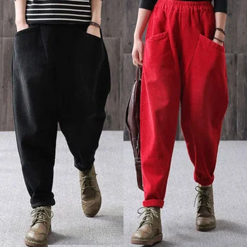 

Womens Vintage Corduroy Elastic Waist Loose Harem Long Trousers Casual Pants N055