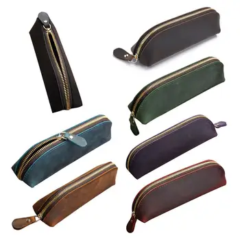 

Crazy Horse Leather Pencil Bag Vintage Retro Zipper Fountain Pen Makeup Pouch