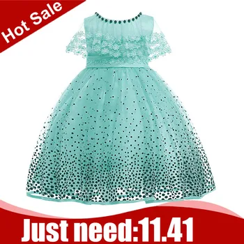 

2020 Casual Summer Dress Beaded Mesh Dot Printing Flowers Girls Dress Kids Clothes Lace Princess Pageant Dress Vestidos Verano