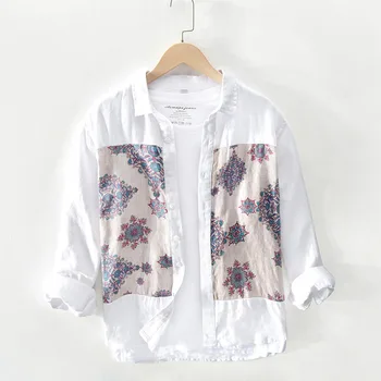 

2020 Spring Shirts Men Turn-down Collar Loose 100%Linen Fashion Patchwork Shirt Male Plus Size Brand Clothing Y2540