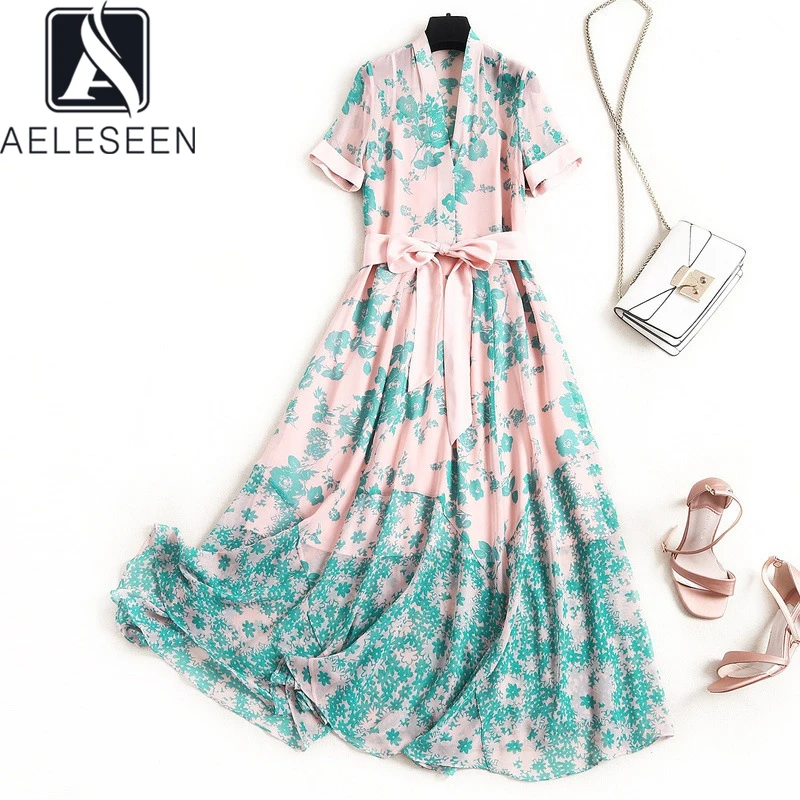 AELESEEN-модное летнее шифоновое платье с V-образным вырезом и синим цветочным