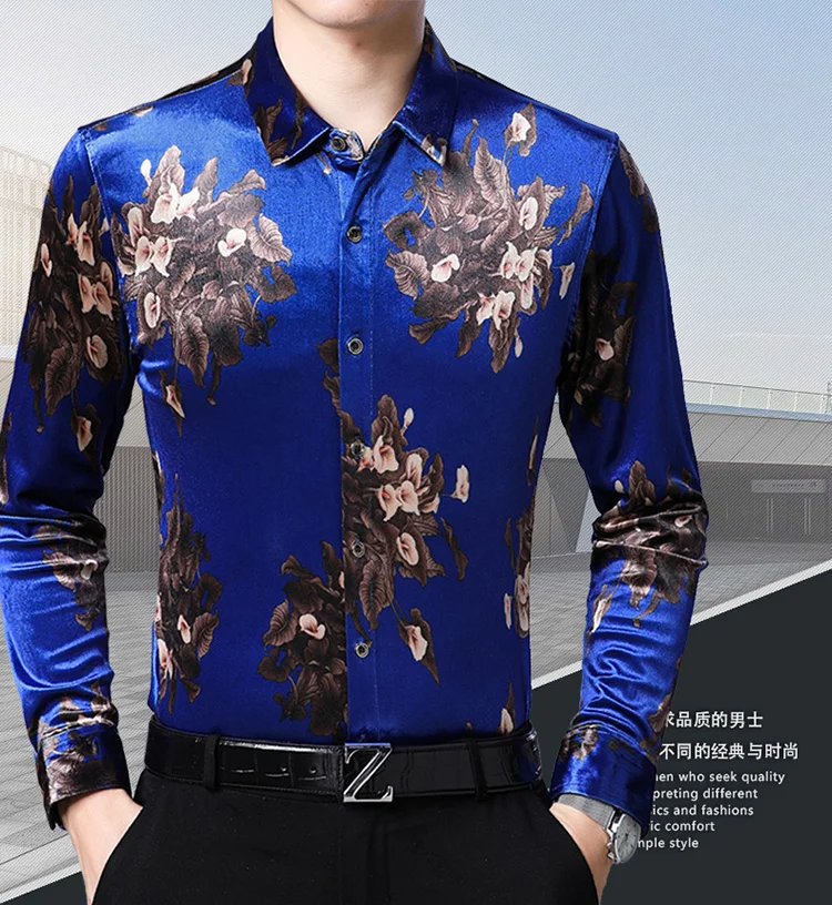 Velvet Shirts Mens Flowers Printed Silk 