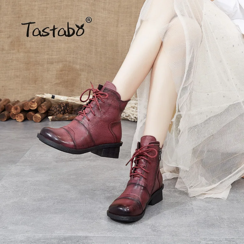 Tastabo Botines de piel auténtica para mujer, botas de diario, color caqui,  negro, rojo y vino, estilo Retro, fondo suave y cómodo, S88205|Botas hasta  el tobillo| - AliExpress