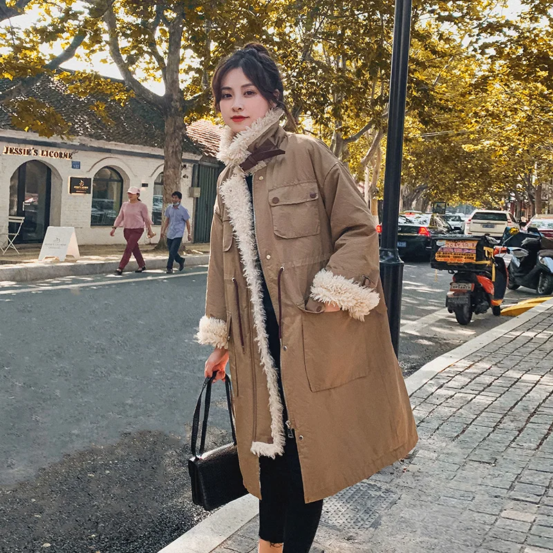 

Lingwave Winter Trendy Lamb Wool Stitching Down Padded Jacket Windbreaker Parka Women Mid-length Warm Stand-Up Collar Outerwear