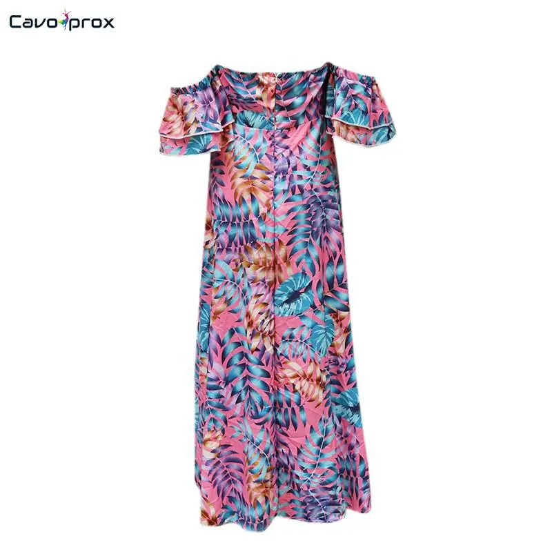Women Flora Printed Off Shoulder Petal Sleeve Strapless Slit Maxi Dress Beach Style Holiday Floor-Length Party Dress