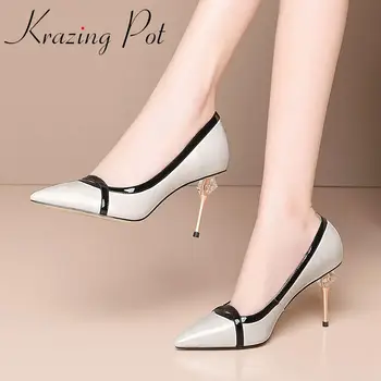 

Krazing pot 2020 new full grain leather pointed toe thin metal high heels mixed colors mature shallow party spring pumps L28