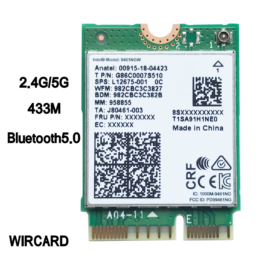 

WIRCARD Dual Band Wireless AC 9461 for Intel 9461NGW 802.11ac NGFF Key E 2.4G/5G WiFi Card BT 5.0