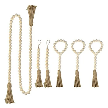 

6 Packs Wood Bead Garland with Tassels, 3 Size Prayer Beads Farmhouse Rustic Natural Wooden Bead Garland