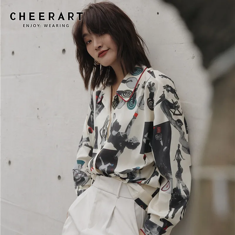  CHEERART Circus Print Vintage Blouse Long Sleeve Button Up Collar Shirt Designer Top Woman Blouses 