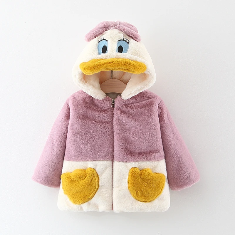 Зимнее теплое пальто для маленьких девочек с рисунком утки из мультфильма; флисовое пальто с мехом для малышей; Верхняя одежда с капюшоном для новорожденных; детские куртки; одежда