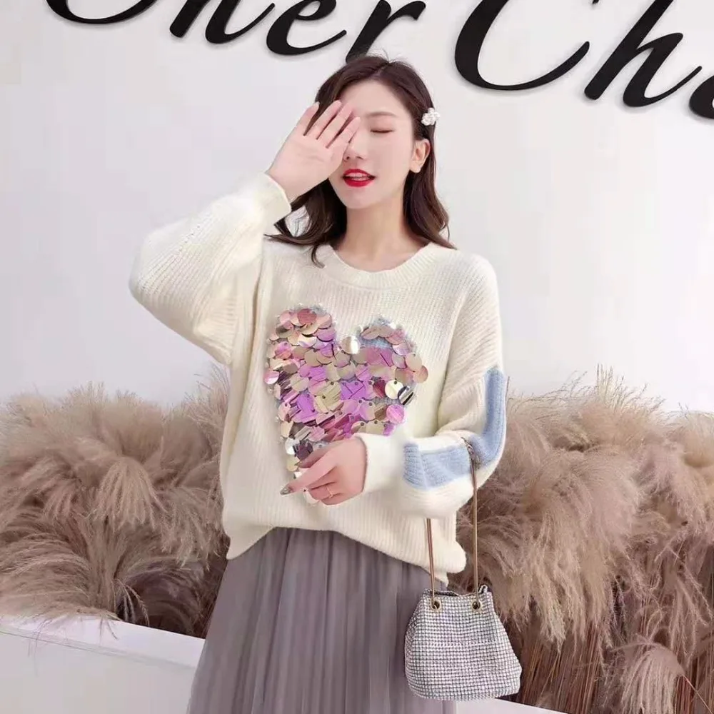 SexeMara fashion The New Loose Long sleeve Sleeve Sequin Beading knitting Sweater free shipping