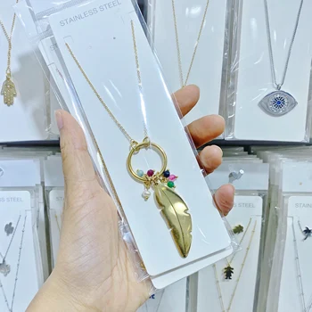

Hot Fashion Stainless Steel Metal Chain Necklaces Beads Choker Feather Pendants Necklaces For Women Bijoux wholesale
