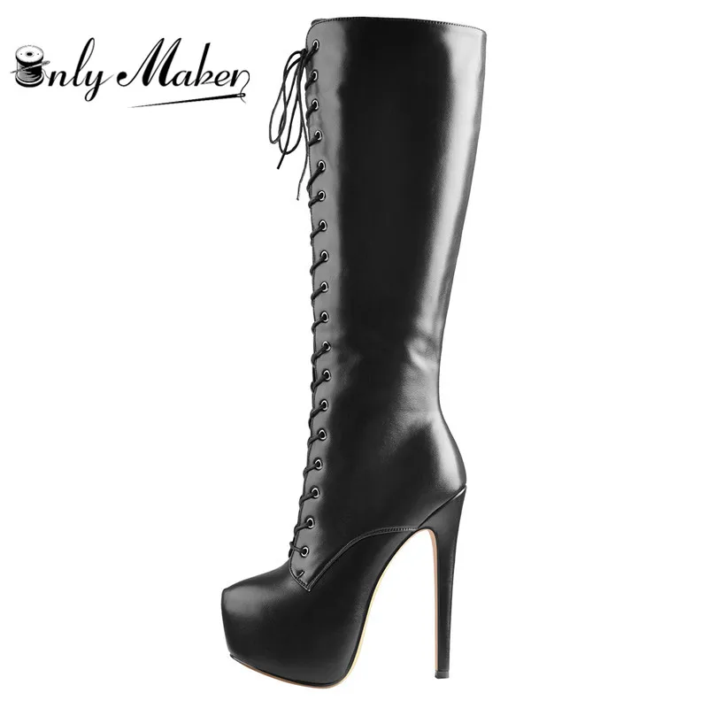 

Onlymaker Women's Round Toe Stiletto Platform Zipper Knee High Boots High Heel Lace Up Plus Size Winter Fashion Sexy Boots