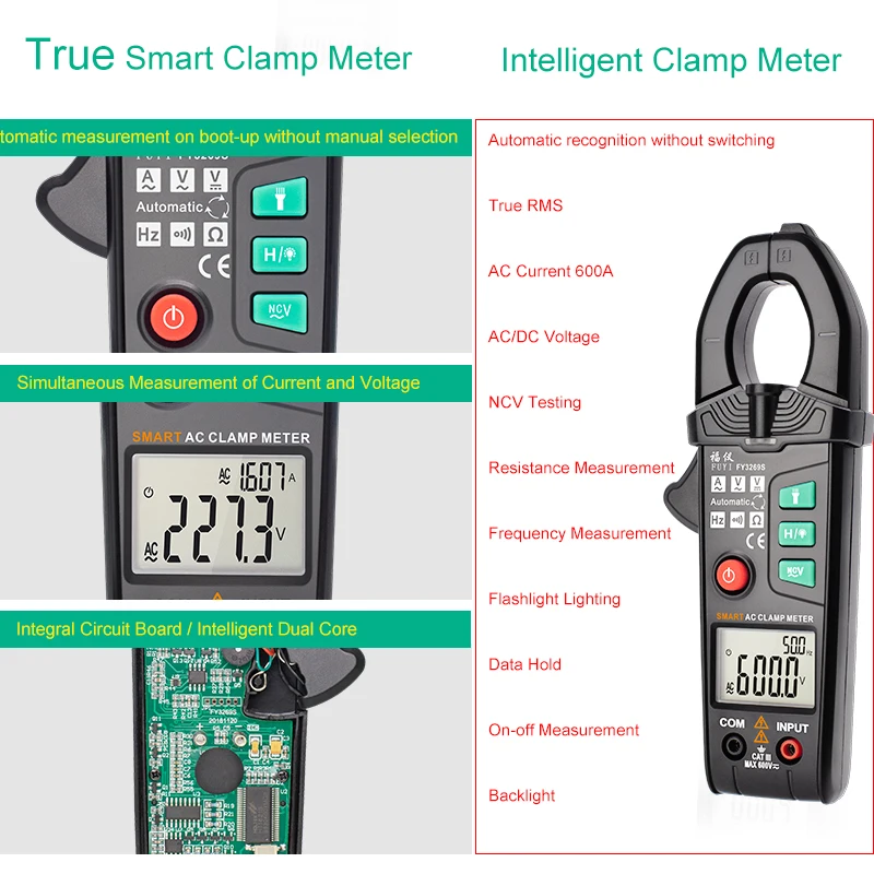 Smart Clamp Meter Digital Non-Contact 6000 Count Clamp Multimeter AC DC Clamp Meter Current Voltage Ture Rms NCV Multimeter Clam