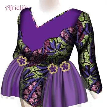 

WY7110 V-necklace Elegant Lady Top Clothing African Wax Print Cotton Dress White Chiffon Decoration Flower AfrIcan Women Blouse