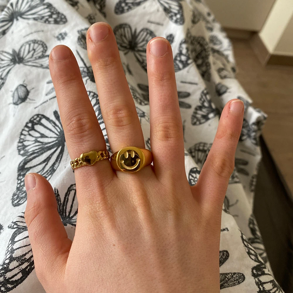 Anillo de acero inoxidable chapado en oro de 18K con cara sonriente para mujer, sortija con sonrisa de oro positiva, 18K, nueva moda - Imagen 3