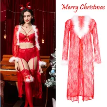 Новинка, сексуальное прозрачное кружевное нижнее белье с цветочным рисунком, красная ночная рубашка на день рождения, халат с дышащей сеткой, Рождественский Халат