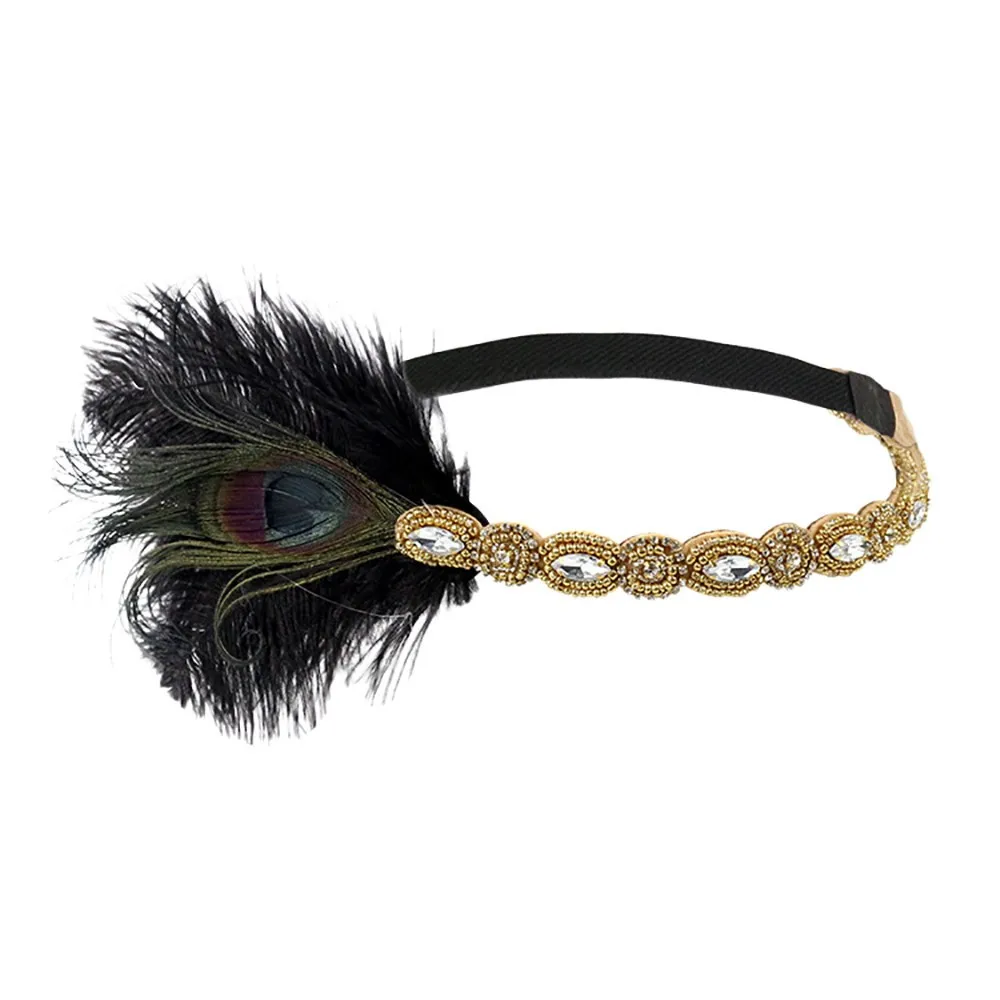 

1920s Headpiece Feather Flapper Headband Great Gatsby Headdress Vintage feather+elastic band knitting Warmer Wrap Headwear