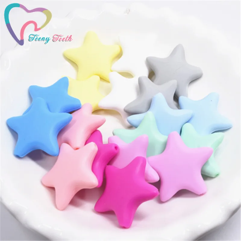 

Teeny Teeth 5PCS Candy Colors 35 MM Silicone Star Beads DIY Baby Teething Necklace BPA Free Silicone Pendant Teether Star Beads