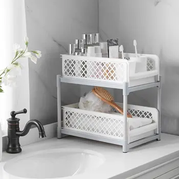 

Multifunction Two Layers Countertop Shelf Arrangement Frame Hollow Shelf White Pulling Drawer Storage Rack Kitchen Bathroom