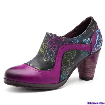 

Retro Genuine Leather Pumps Women Shoes Woman Zipper Vintage Printed Flower Chunky High Heels Pumps Ethnic Dancing Shoes