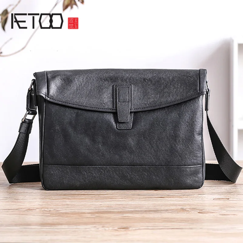 

AETOO Men's shoulder bag, leather business casual horizontal large-capacity oblique cross bag, head leather postman bag