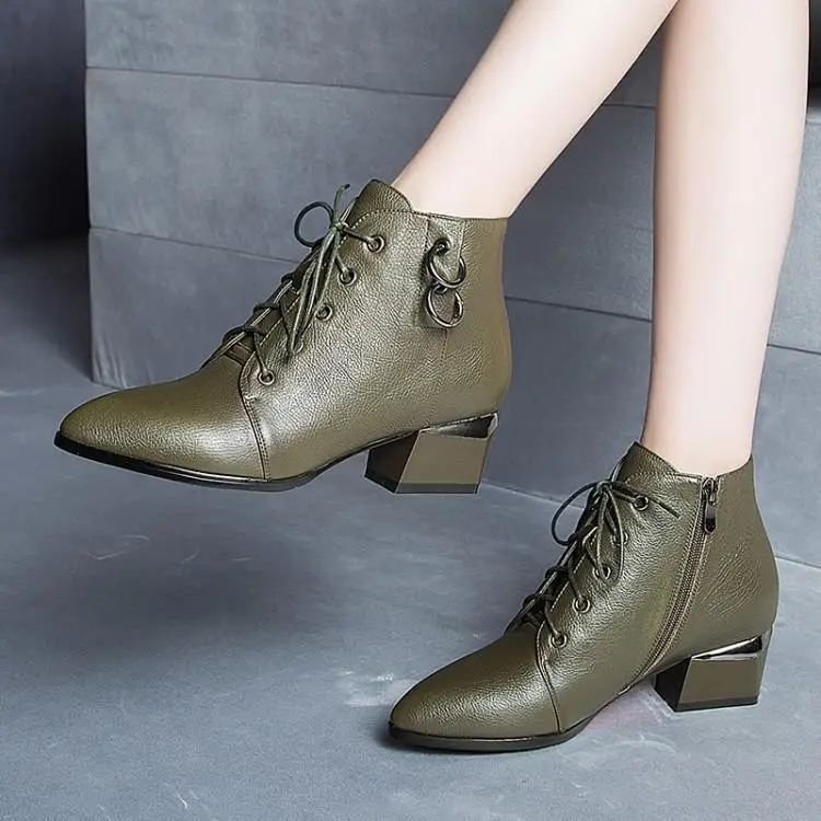 

Leather woman pointed thick with short boots with lace-up Martin boots boots shoes head layer cowhide