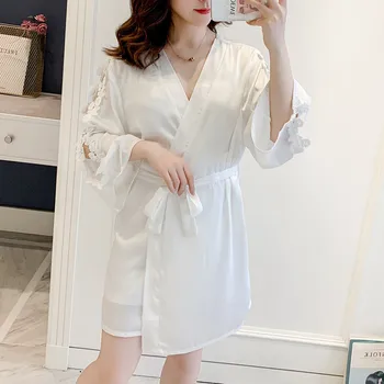 

Fiklyc Spring New Sexy Suspenders Women's Robe Silk Long Sleeve Two-Piece Suit Home