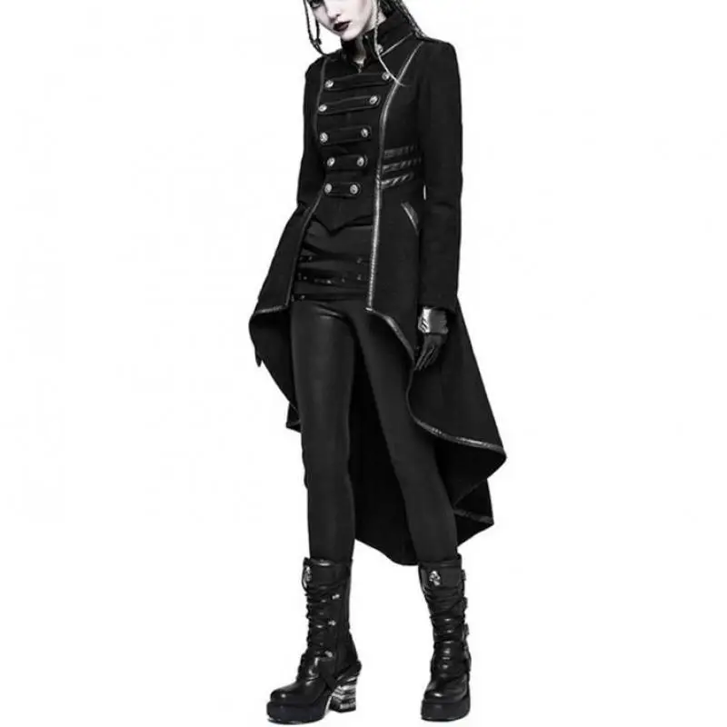 Winter Casual Gothic Party Warm Women Long Trench Coats Black Slim Plain Pleated Autumn Female Goth Overcoats